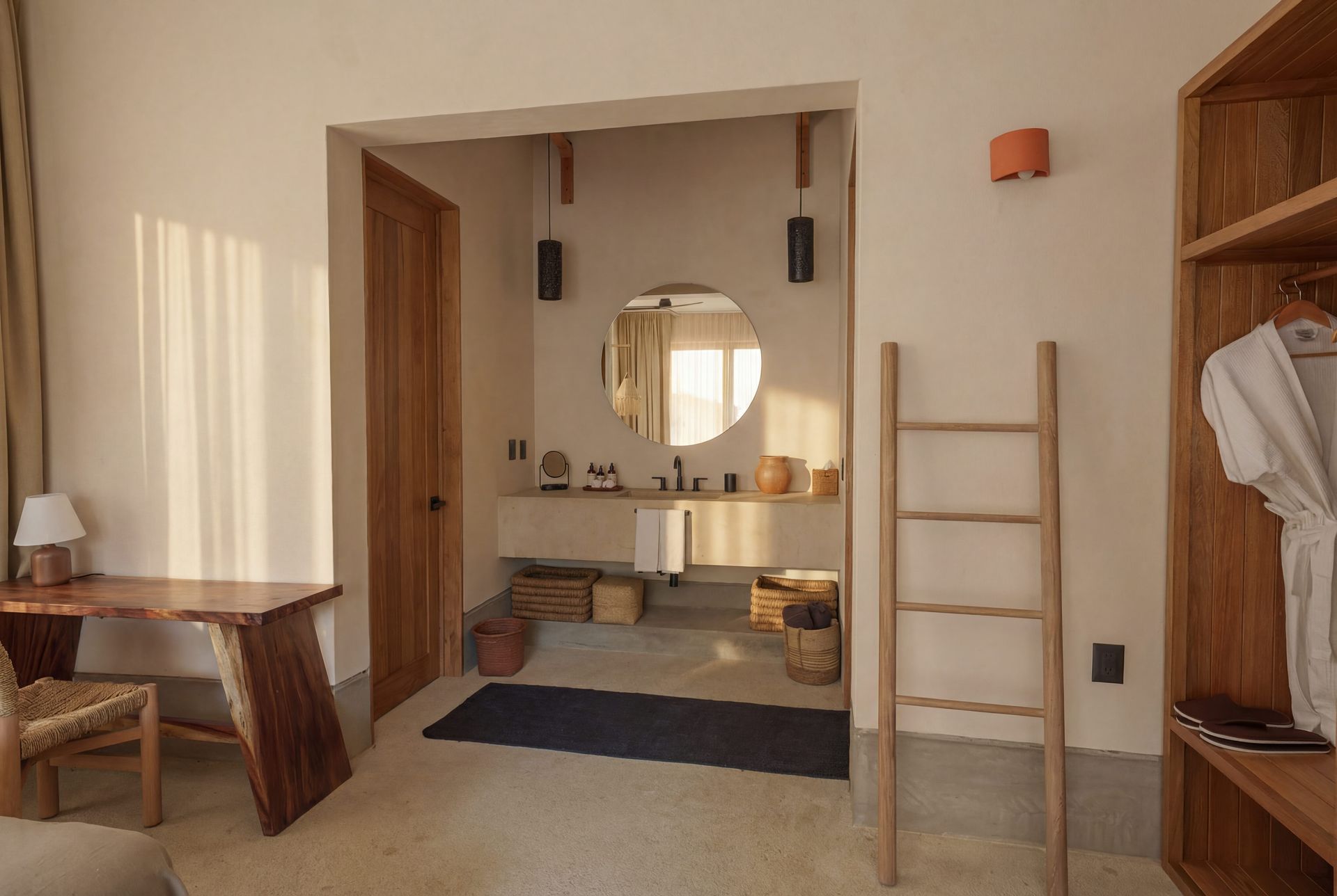 Minimalist bedroom interior with bed nook, round mirror, ladder shelf, and warm wood accents