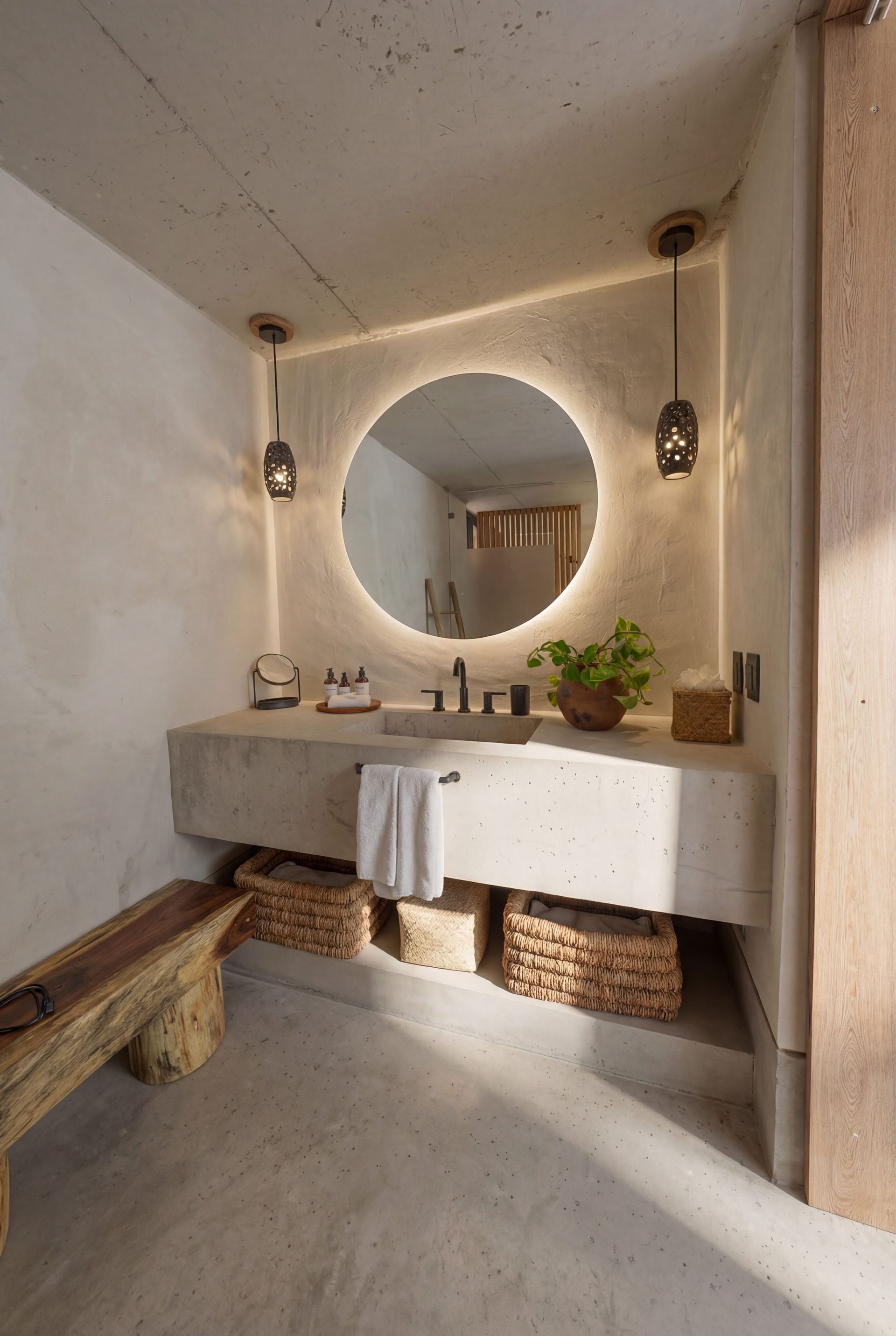 Modern bathroom vanity with round mirror, wall sconces, and wicker baskets beneath a sink.
