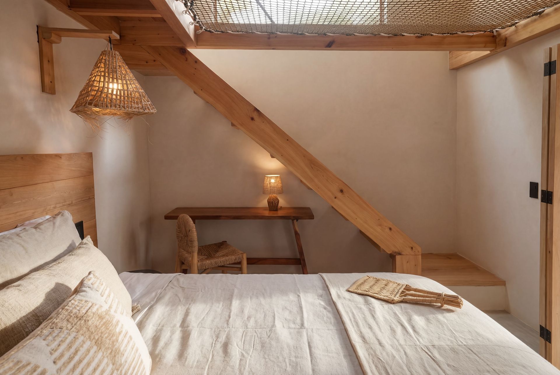 Cozy bedroom with white bedding, wicker lamp, small desk, and exposed wooden beam loft ceiling