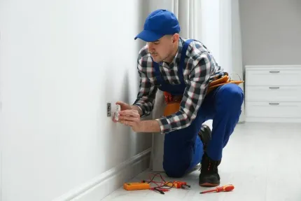 Electrician wearing a blue uniform and cap, kneeling on a floor while installing a wall outlet.