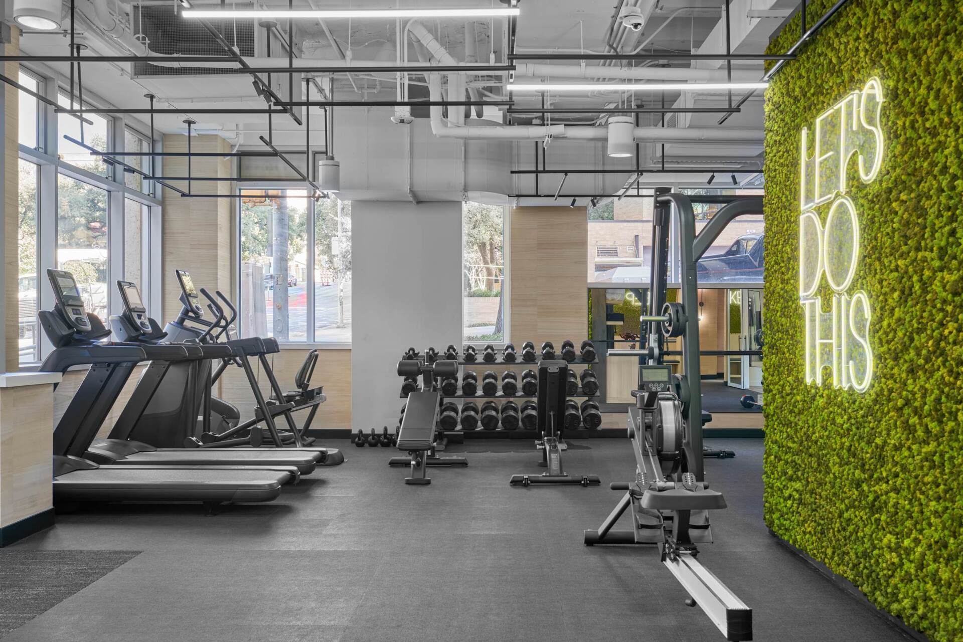 Gym interior with treadmills, weights, and a rowing machine. 
