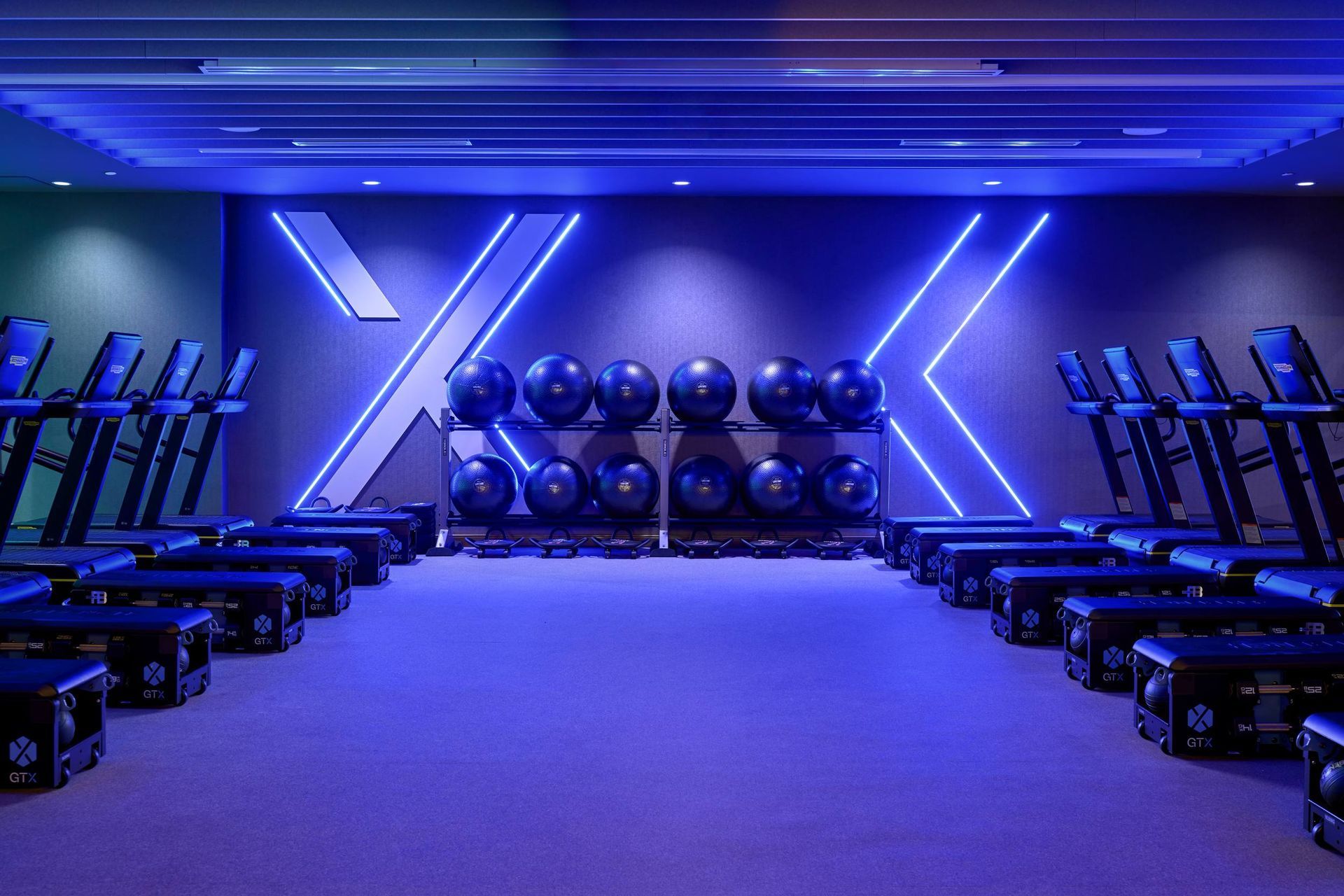 Blue-lit gym with workout benches, exercise balls, and exercise machines. 