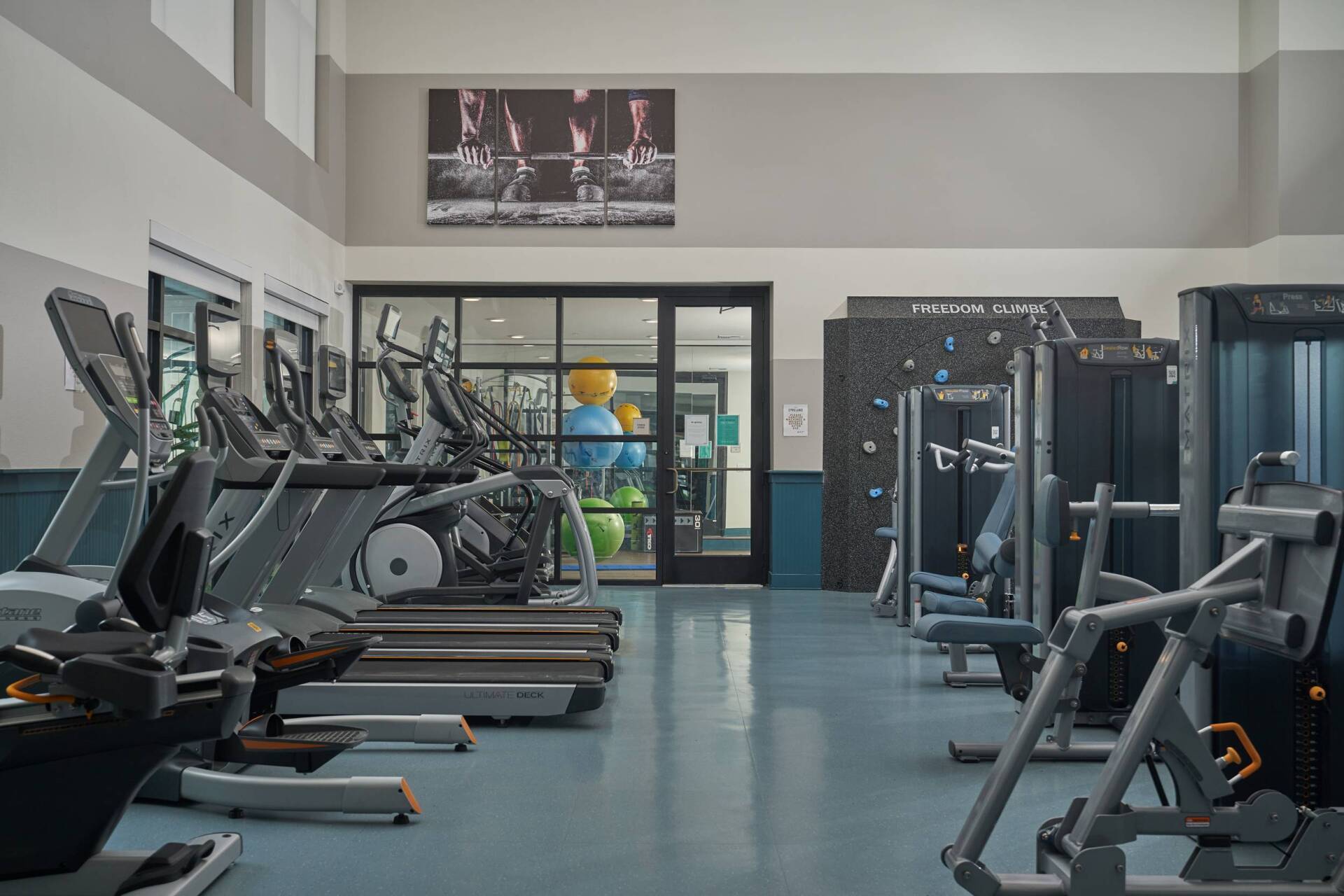 Gym with various exercise machines, including treadmills and weight machines, with a climbing wall visible.