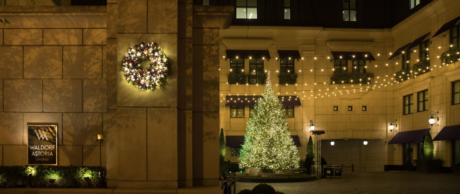 A christmas tree is lit up in front of a building at night.