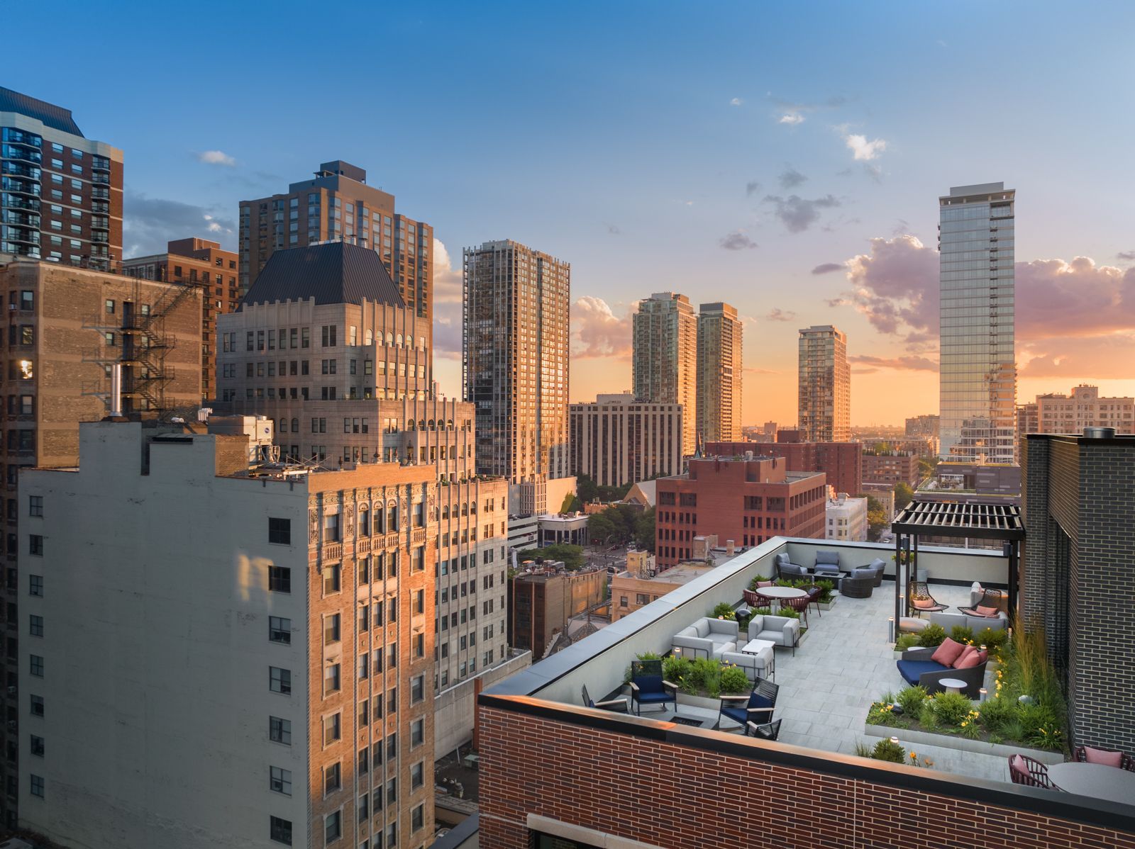 A drone shot of Gild's rooftop deck with sofa.