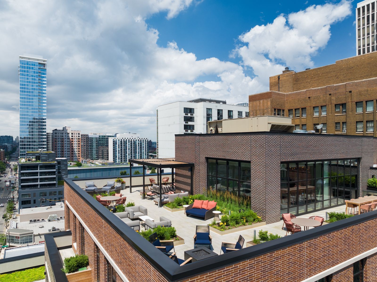 A birdeye view of the rooftop deck at Gild Apartment.