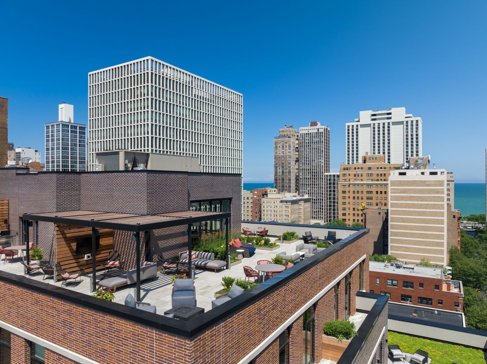 A drone view of Gild apartment community's rooftop.