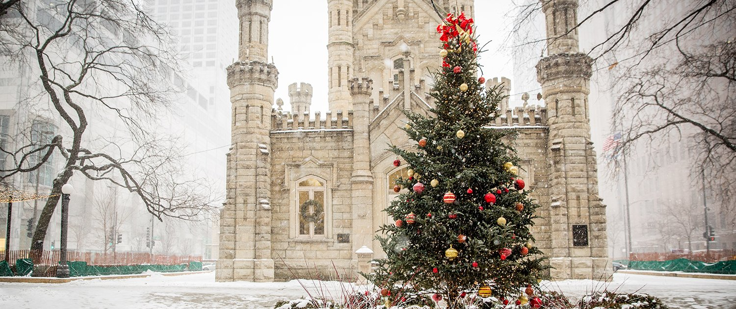A christmas tree is sitting in front of a castle in the snow.