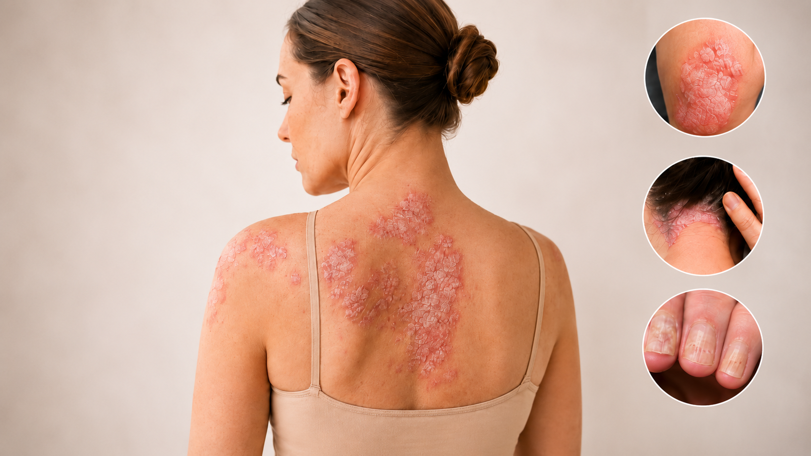Imagen de una mujer con lesiones visibles de psoriasis en la espalda, cuero cabelludo y uñas.