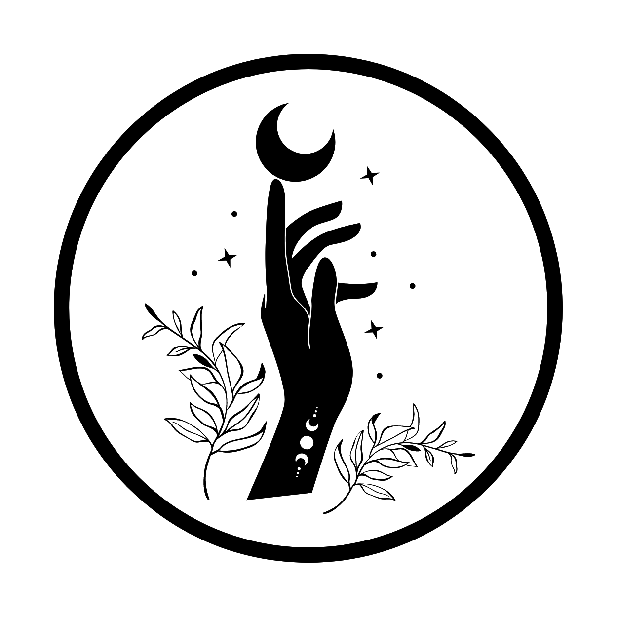 A black and white drawing of a hand holding a crescent moon in a circle.