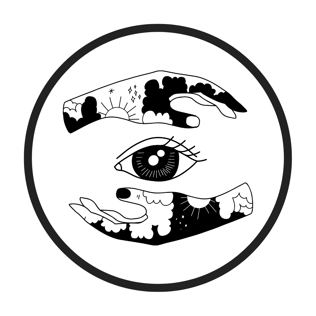 A black and white drawing of a hand holding an eye in a circle.