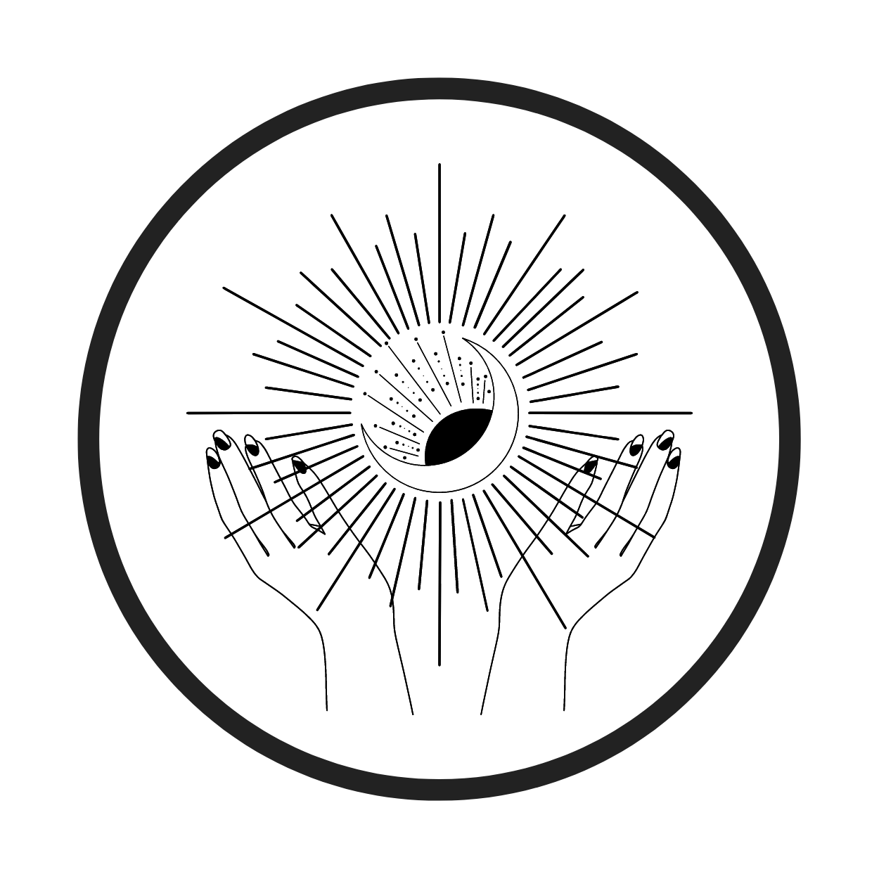 A black and white drawing of two hands holding a sun and moon in a circle.