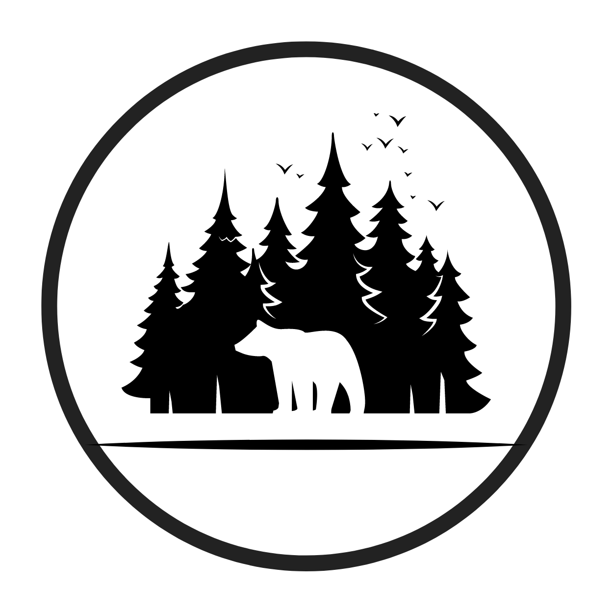 A black and white silhouette of a bear in the middle of a forest.