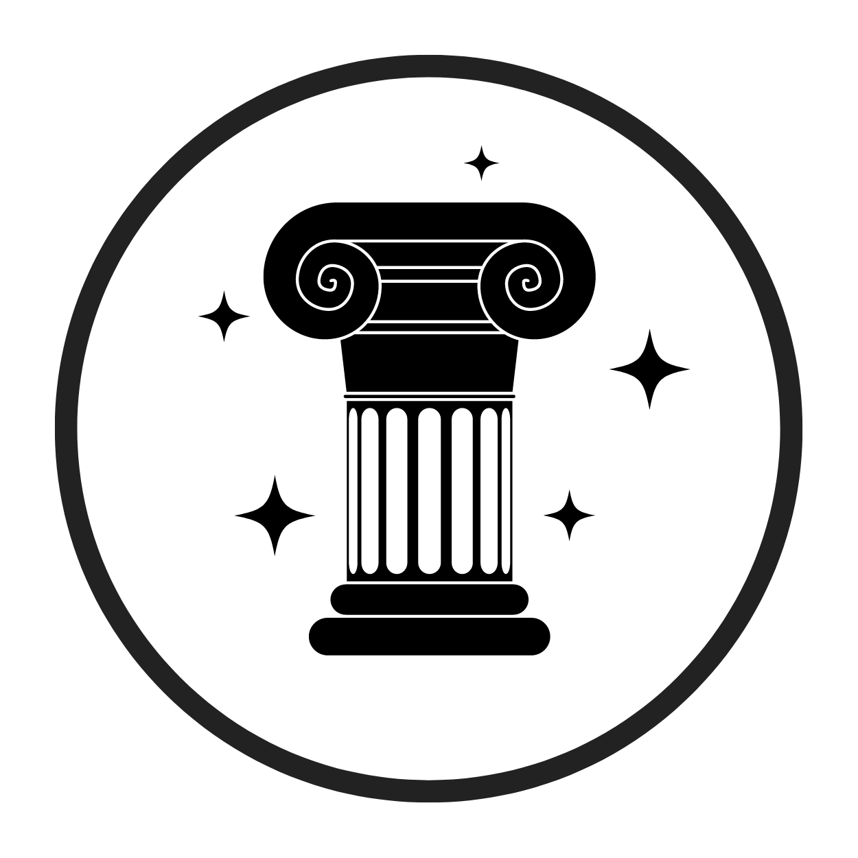 A black and white icon of a pillar with stars around it.