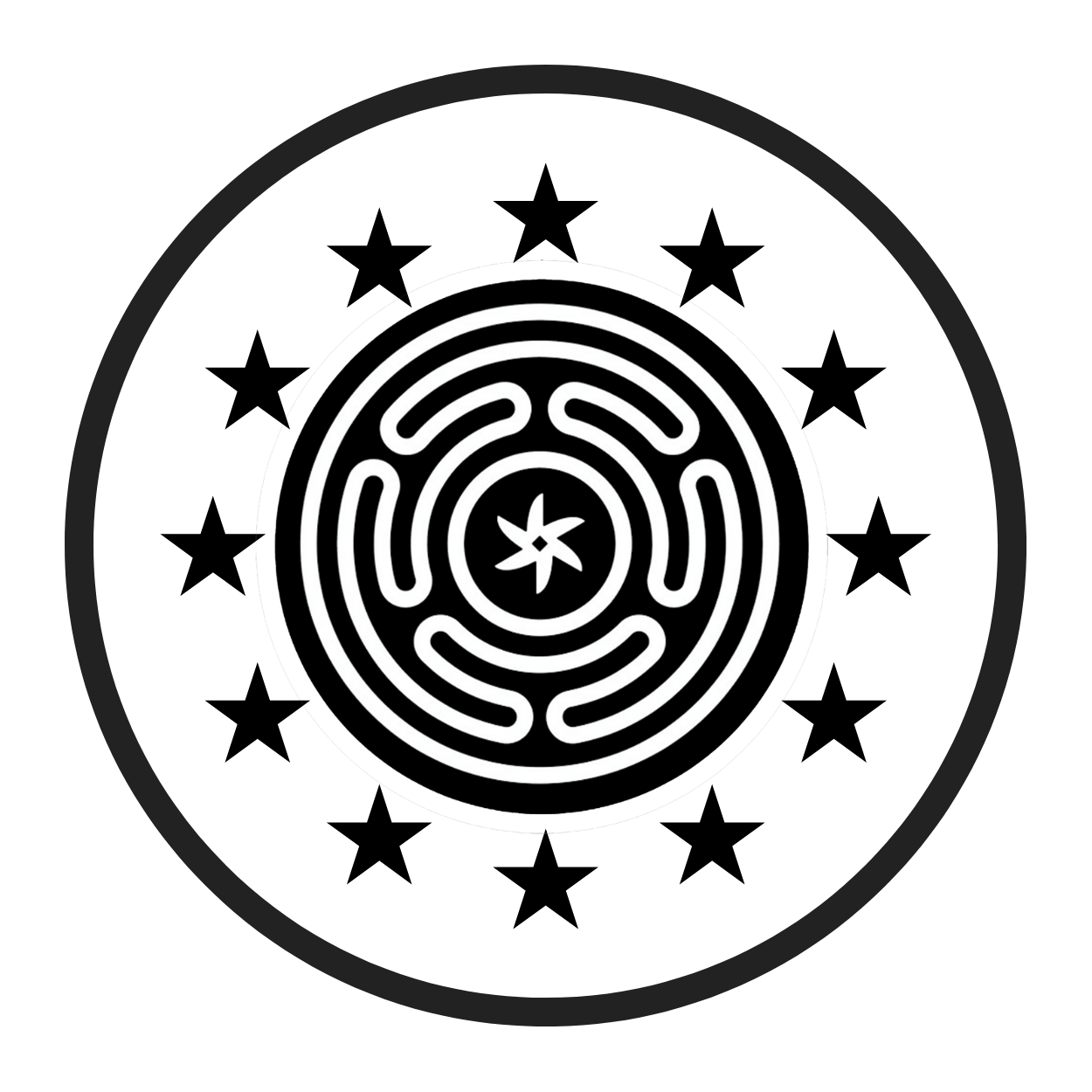 A black and white image of a circle with stars around it with Hekate's labyrinth in the middle.