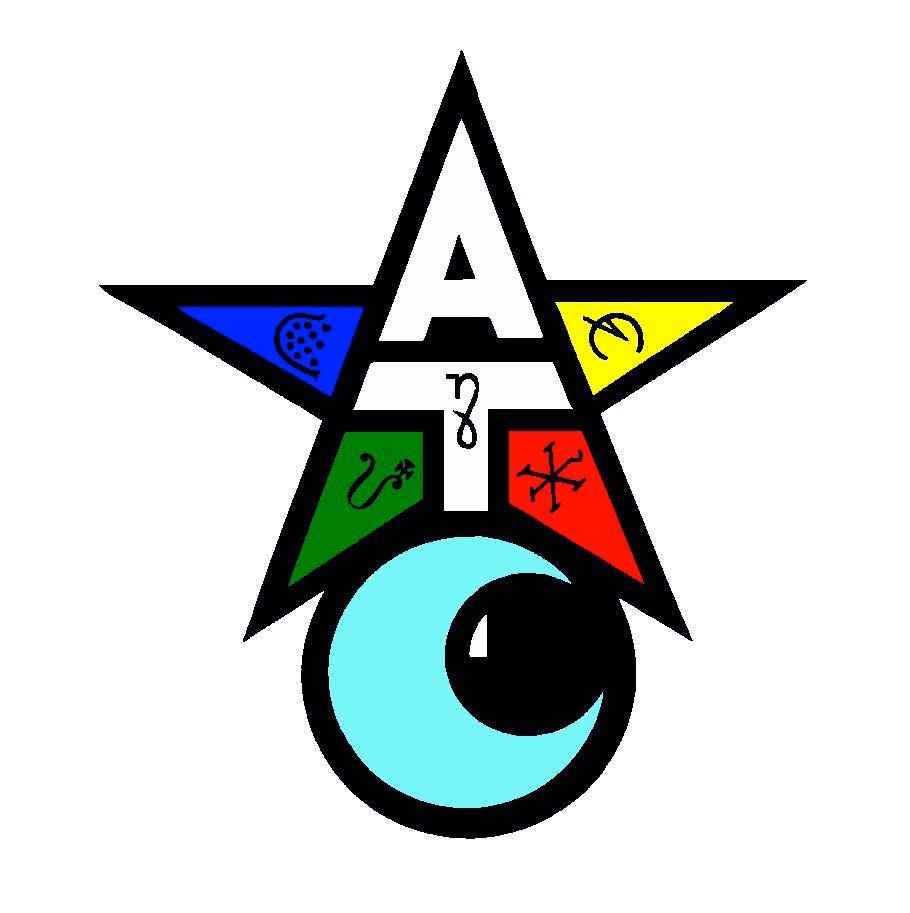 A colorful star with the letter AT on it above a crescent moon representing the Aquarian Tabernacle Church.