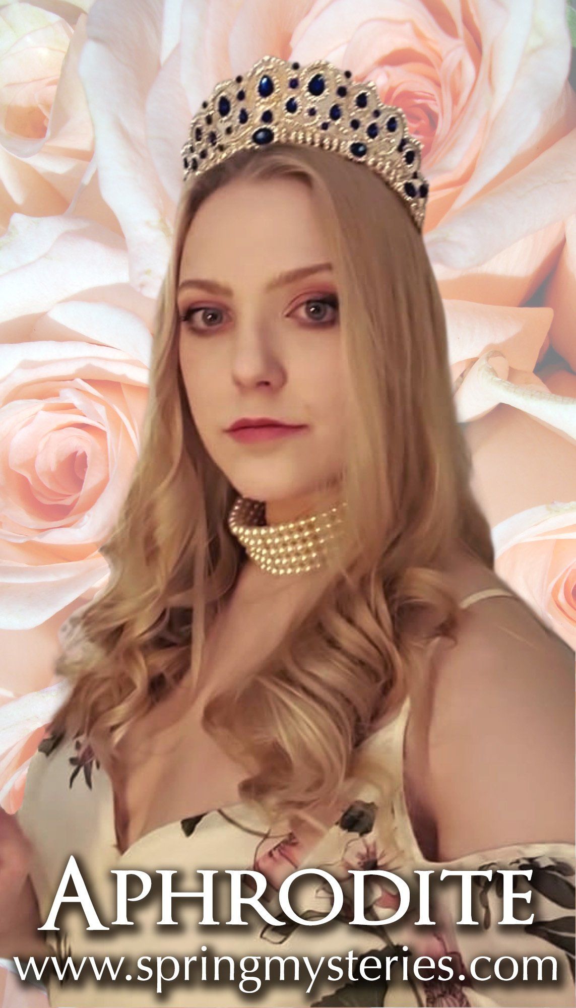 A woman wearing a tiara and a dress is standing in front of roses, representing Aphrodite.