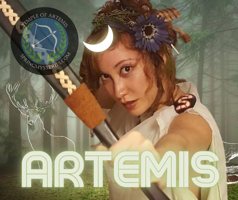 Woman in face paint and tribal clothing and bow, representing Artemis.
