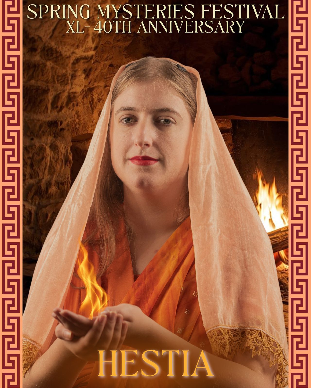 A woman is standing next to a donkey in front of a fireplace with the word hestia written on it