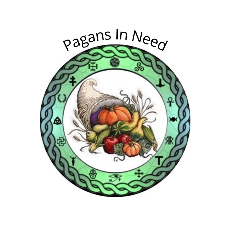 A logo for pagans in need with a cornucopia of fruits and vegetables