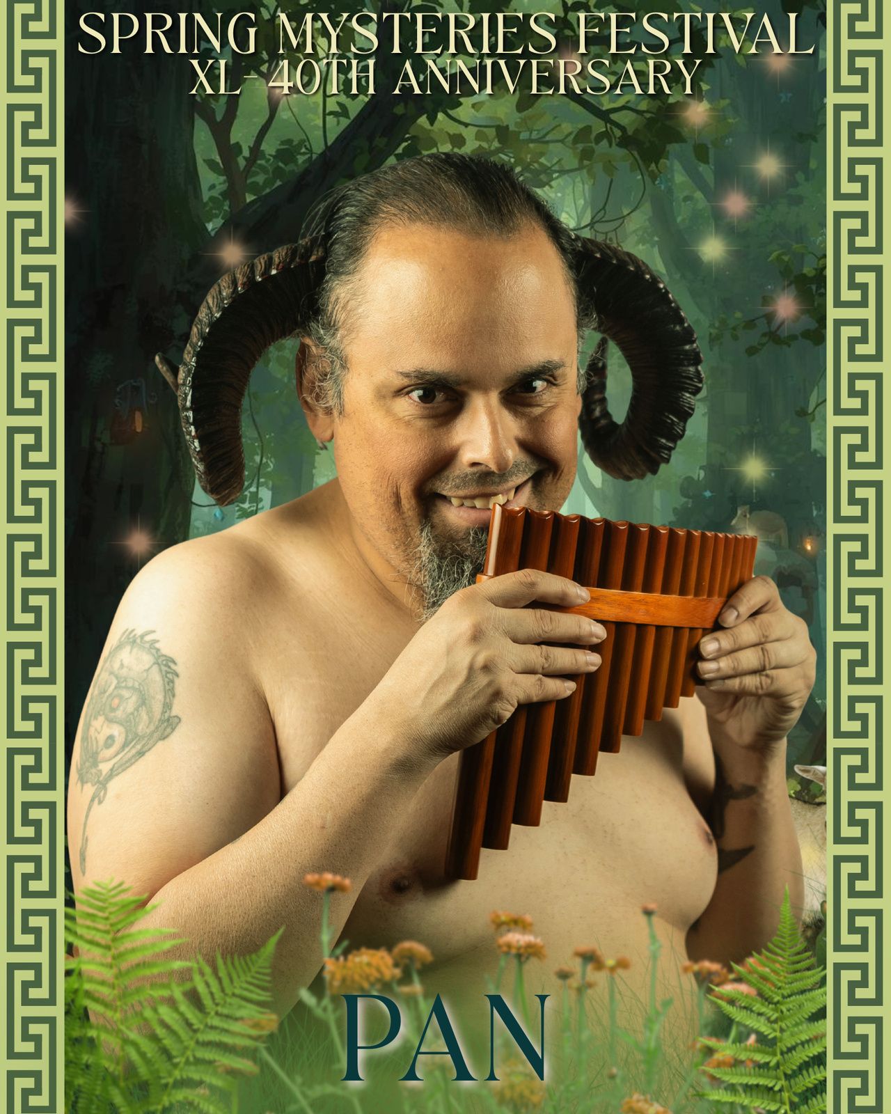 A man with horns is playing a pan flute, representing Pan.