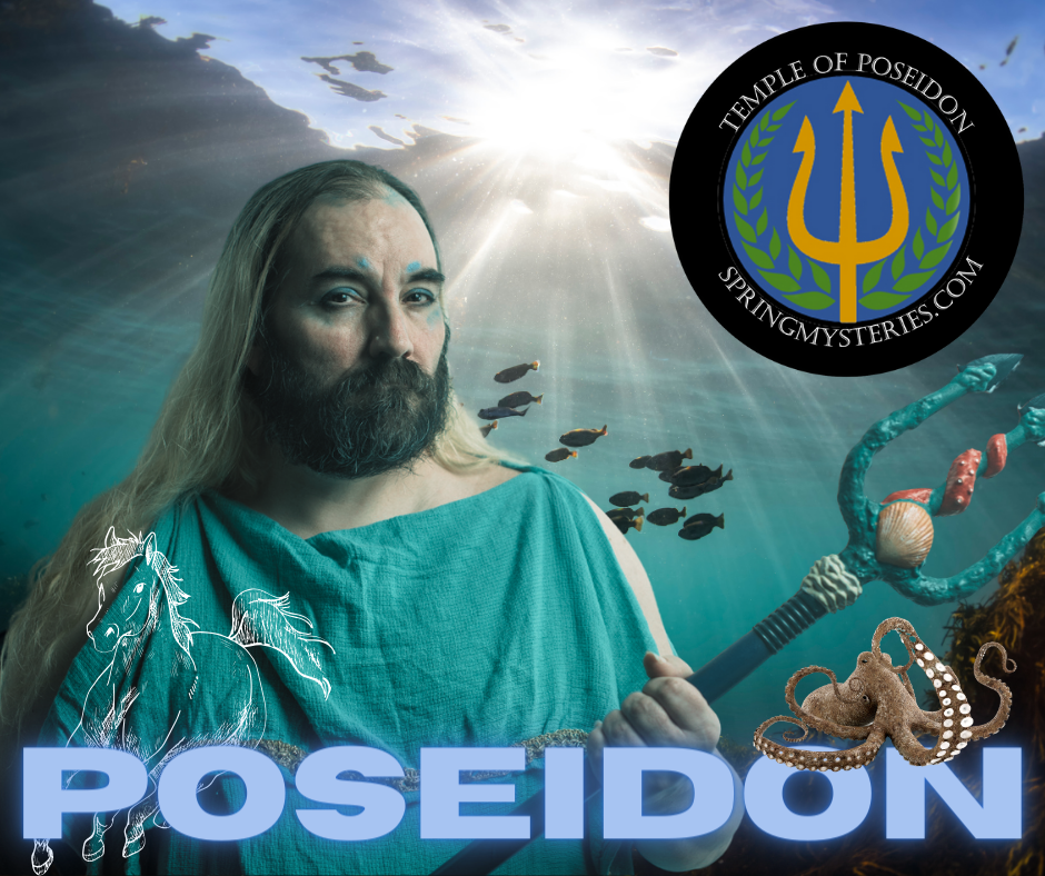 A man with long hair is holding a copper fork, representing Poseidon.