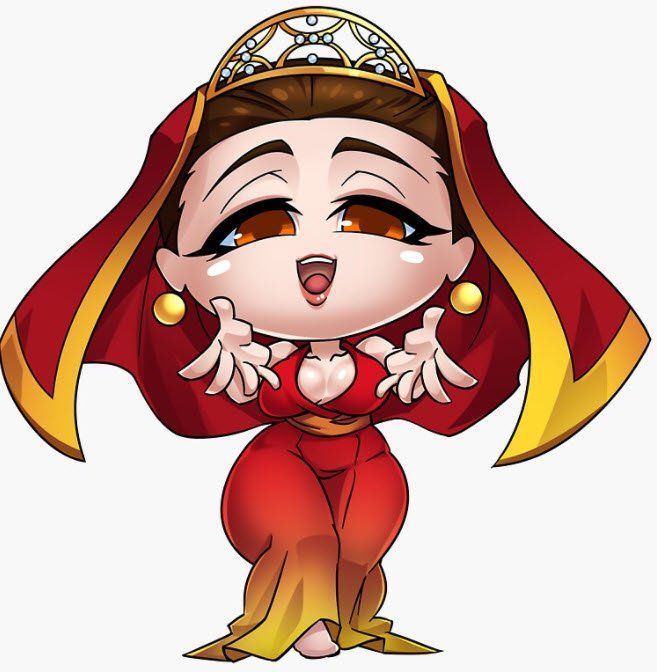 A cartoon of a woman wearing a red dress and a tiara, representing Hestia.