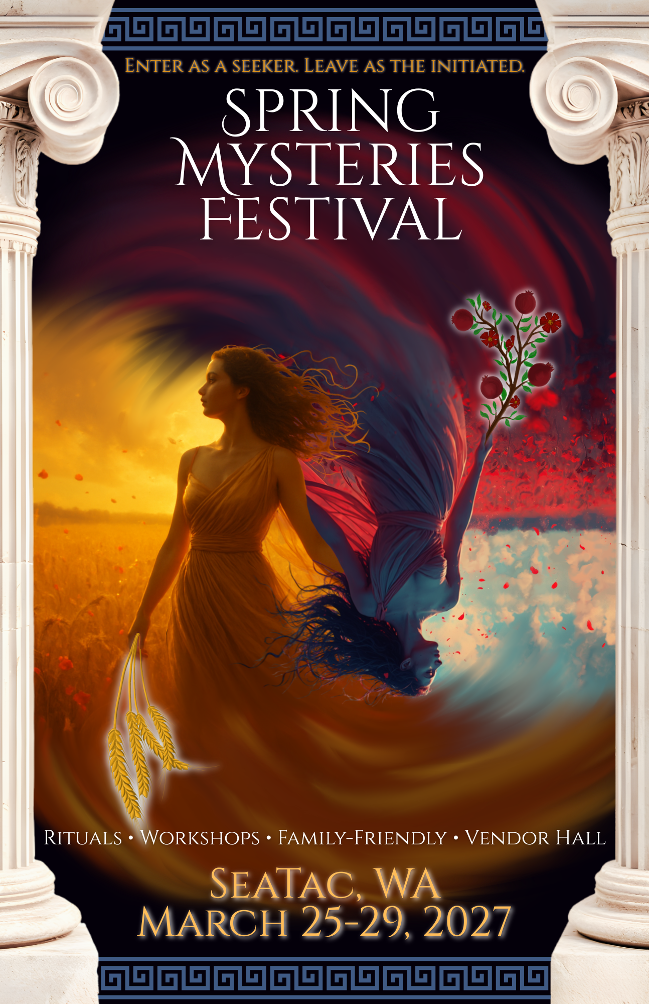 A poster for the spring mysteries festival 2026 shows a pomegranate with exposed seeds.