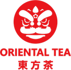 Red circular lion logo above &ldquo;ORIENTAL TEA&rdquo; and Chinese characters in red