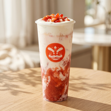 Tall clear cup of strawberry dessert drink topped with diced strawberries on a sunlit table