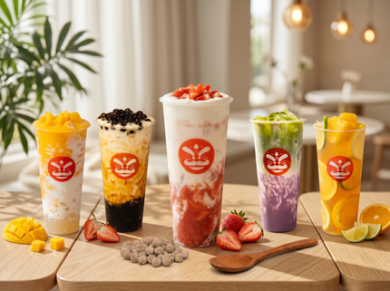 Five colorful layered drinks with fruit toppings on a wooden table in a bright café setting