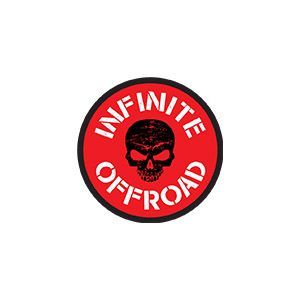 Red circular Infinity Offroad logo with a skull in the center and white text around it