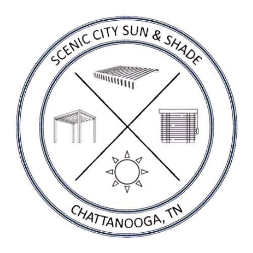 Logo for Scenic City Sun & Shade in Chattanooga, TN. Contains awning, pergola, blinds, and sun icons.