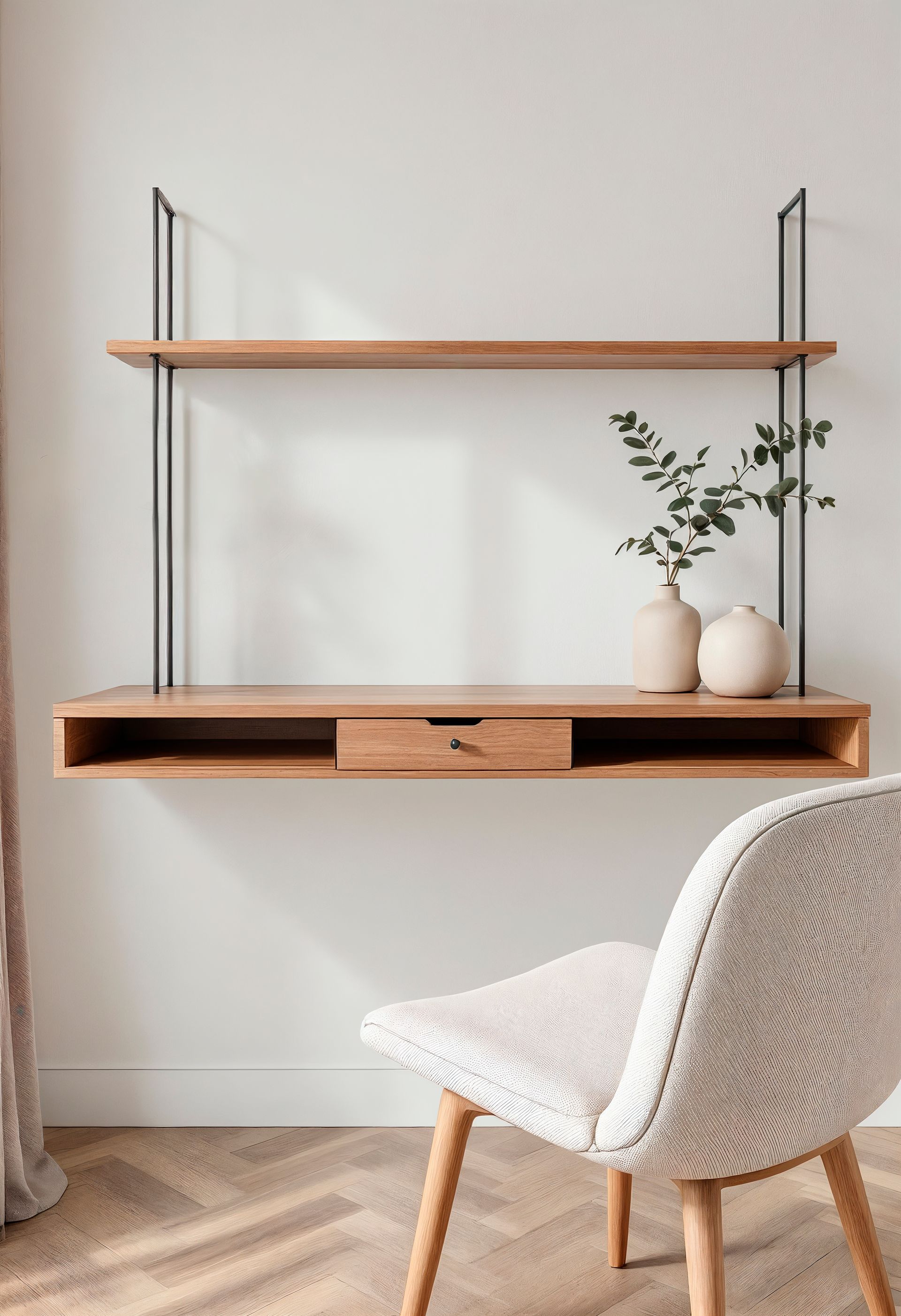 Estantería minimalista de pared con madera, jarrones blancos y una silla en una habitación luminosa.