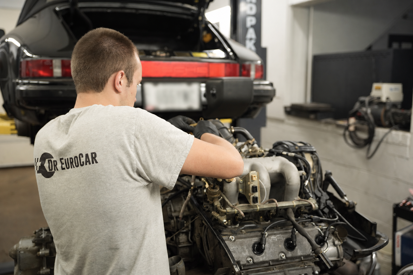 Technician working on European car engine bay