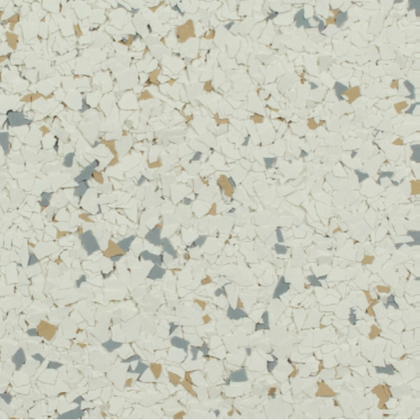 Textured flooring with white, gray, and tan flecks.