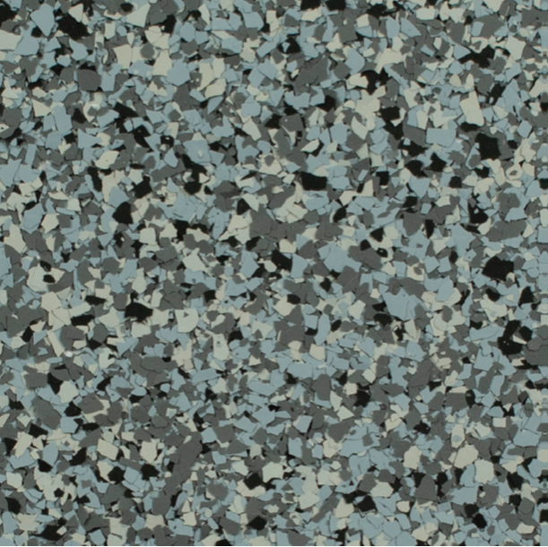 Blue, gray, and black speckled flooring pattern.