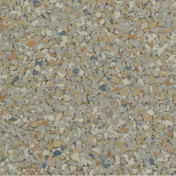 Close-up of speckled flooring with tan, gray, and blue flecks.