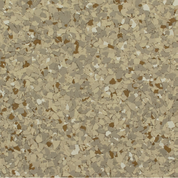 Tan, brown, gray, and white speckled floor coating.