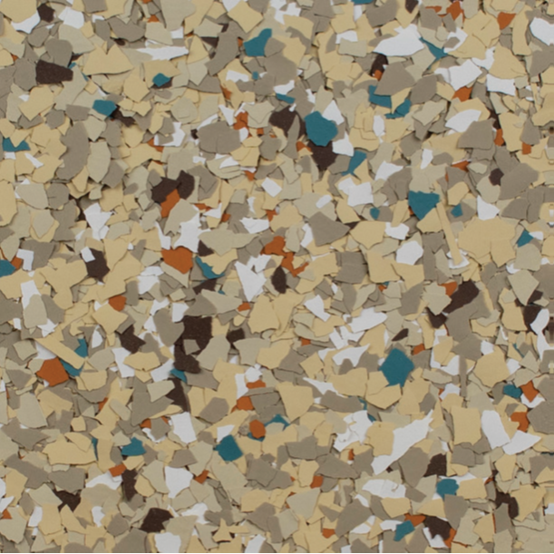 Multi-colored floor coating with tan, white, brown, blue, and orange chips.