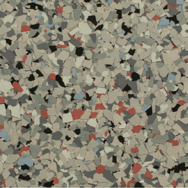 Multi-colored speckled floor with gray, red, black, and beige fragments.