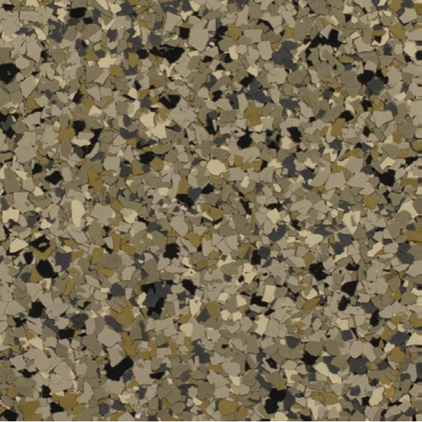 Close-up of a speckled floor with beige, gray, and black chips.