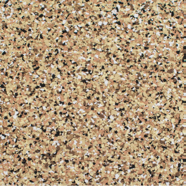 Speckled flooring pattern with beige, brown, black, and white chips.
