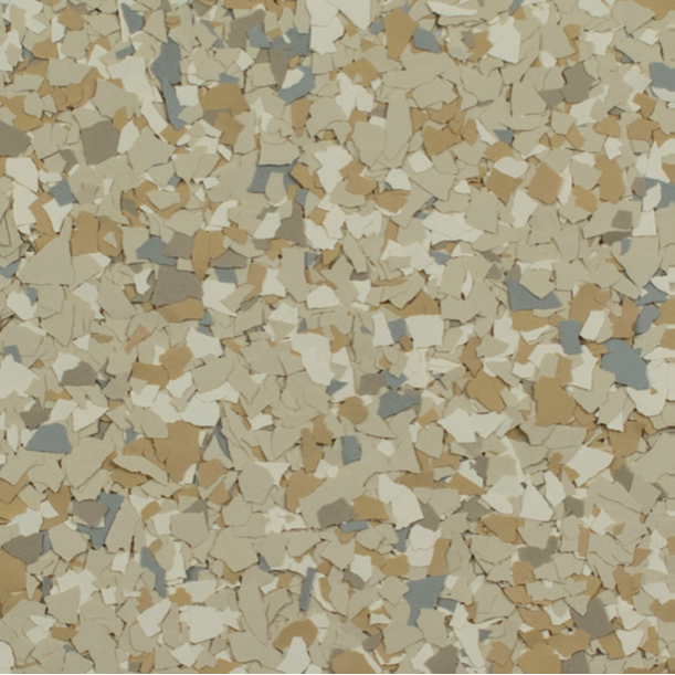 Speckled flooring with beige, tan, and gray chips.