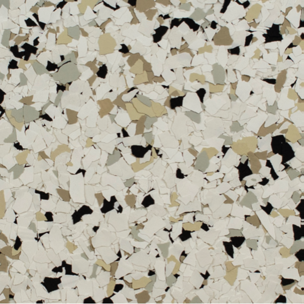 Speckled floor covering with white, beige, gray, and black chips.