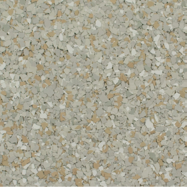Textured floor with small, speckled chips in shades of gray, beige, and white.