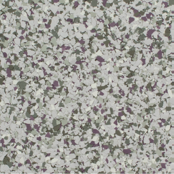 Speckled floor tile in shades of gray, white, purple, and green.