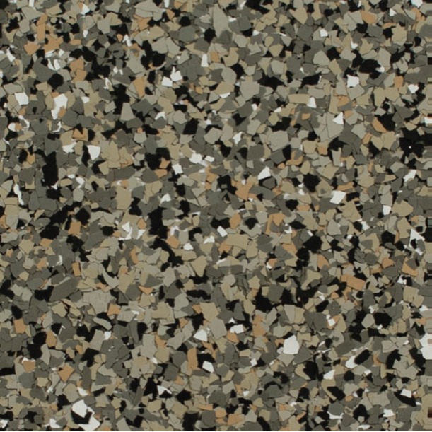 Speckled floor coating pattern with gray, black, beige, and white chips.