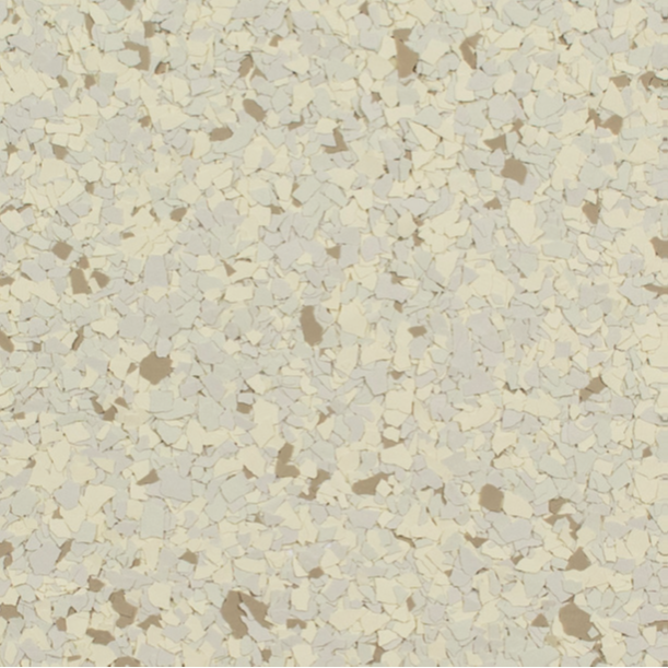 White and tan speckled epoxy flooring.