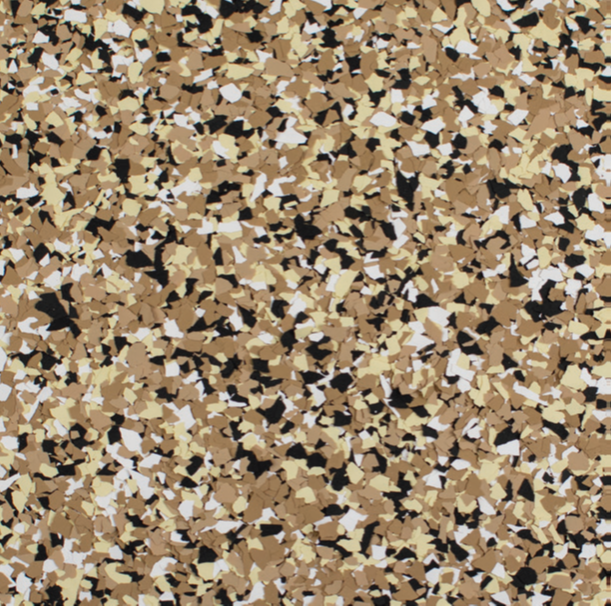 Speckled flooring pattern with beige, tan, black, and white chips.